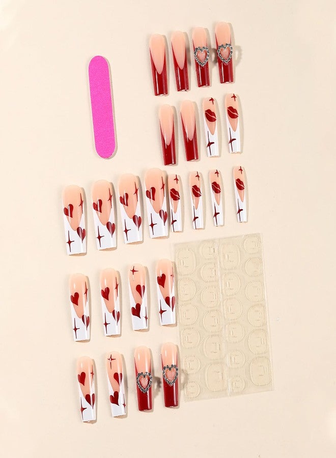 CJDLTS Heart Fake Nails Valentine's Red French Tip Press on Nails Long Red Love Heart Lip Design Acrylic Nails 3D Heart Coffin Nails Square Artificial Nails Full Cover Holiday Stick on Nails for Women - Image 2